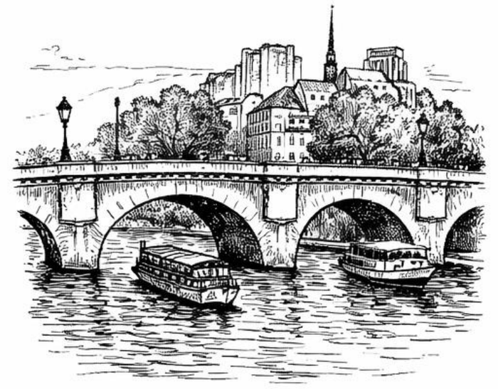 Pont Neuf mit Ausflugsbooten auf der Seine, Tuschezeichnung