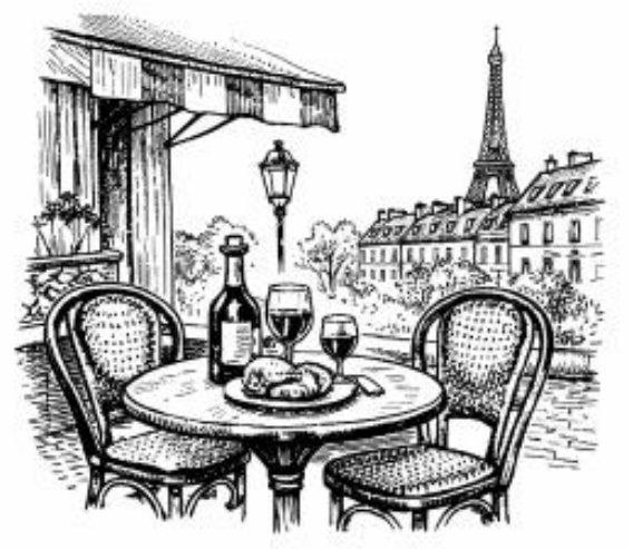 Café-Tisch auf einer Terrasse mit Blick auf den Eiffelturm, Tuschezeichnung
