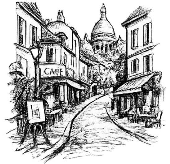 Café-Gasse am Montmartre mit Blick auf Sacré-Cœur, Tuschezeichnung
